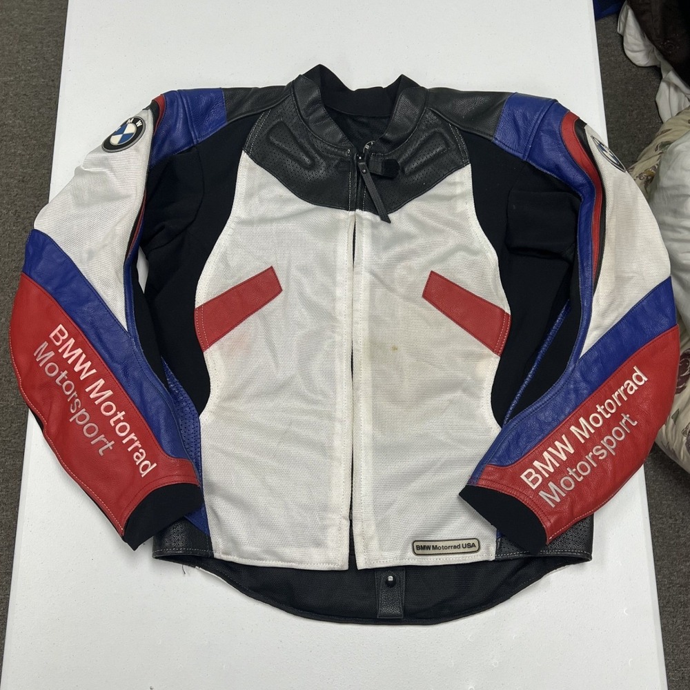 BMW Motorrad Motorsport Jacket Mens XL White Red Blue Leather Mesh Racing B2